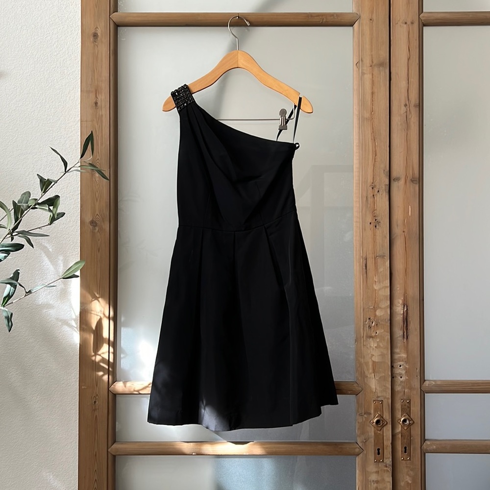One shoulder LBD cocktail dress with pleated front and back